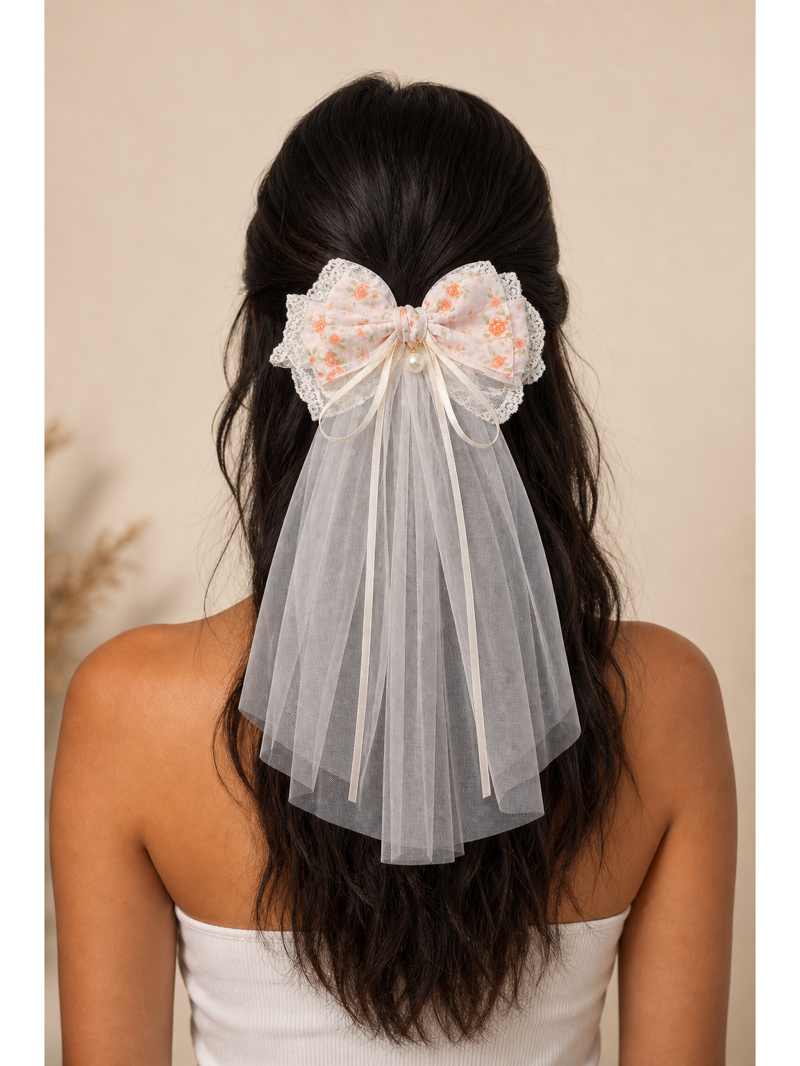 Floral Lace Bow Clip with 30cm Tulle Tail 3