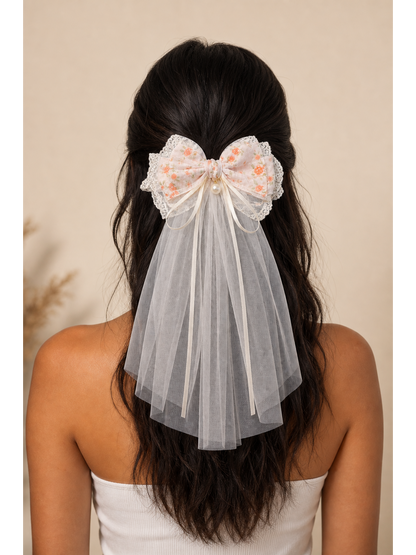 Floral Lace Bow Clip with 30cm Tulle Tail 3