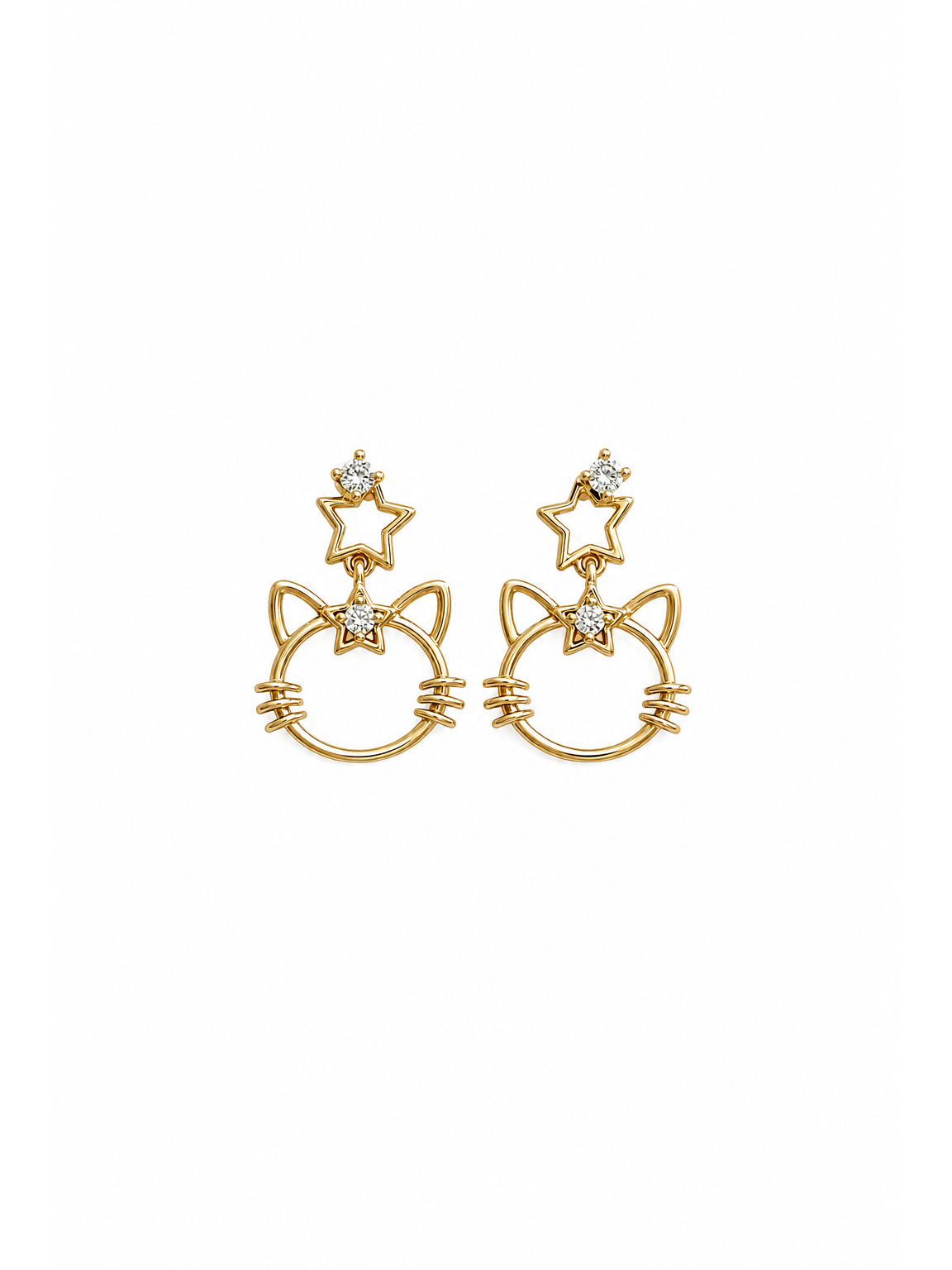 Cat Face Star Zircon Drop Gold with Sterling Silver Posts Earring 1