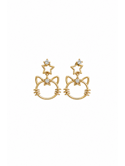 Cat Face Star Zircon Drop Gold with Sterling Silver Posts Earring 1