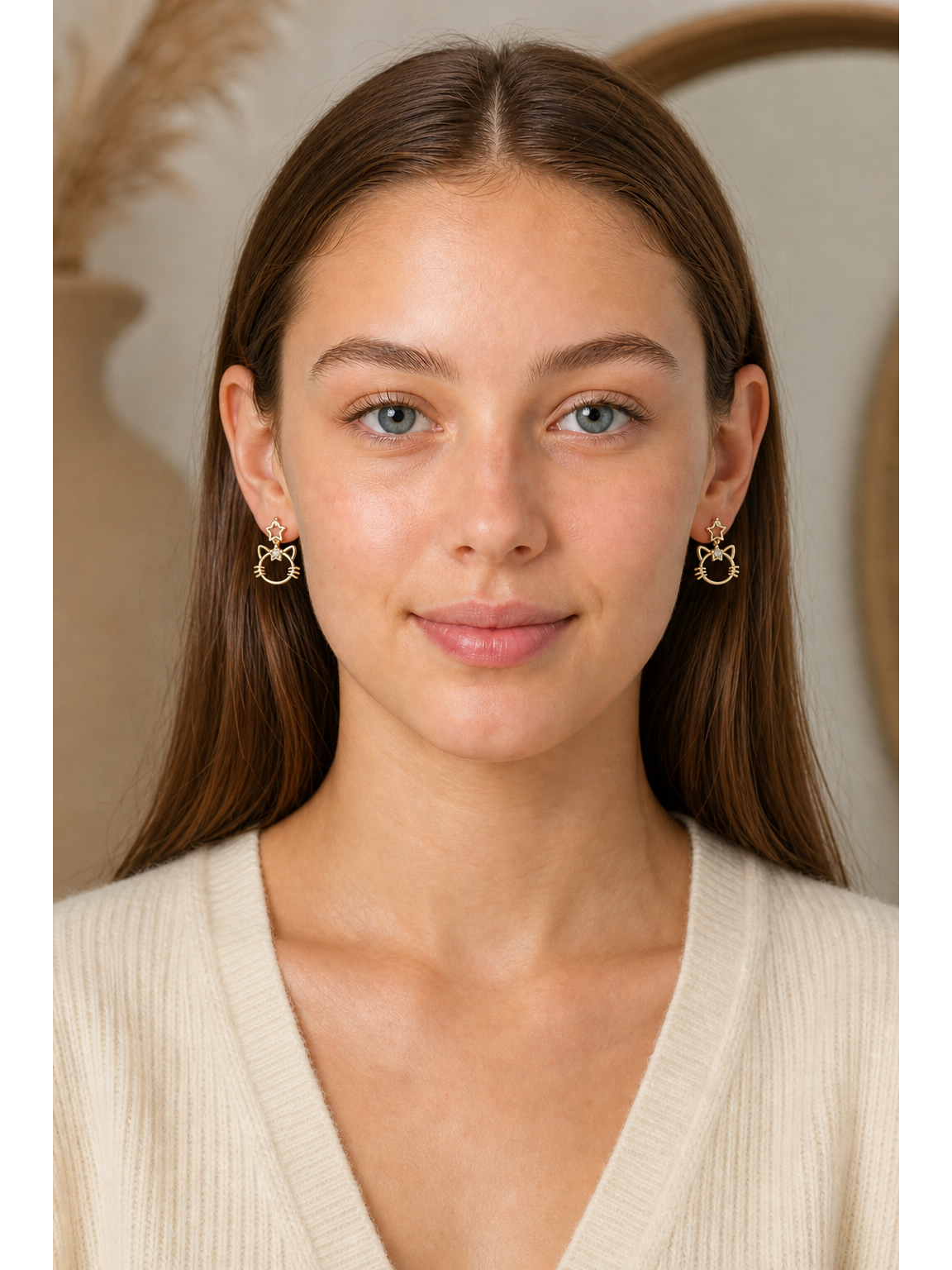 Cat Face Star Zircon Drop Gold with Sterling Silver Posts Earring 2