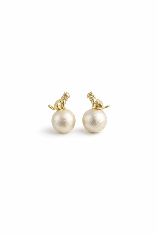 Plated Cat Pearl With Zircon Collar Gold with Sterling Silver Posts Earring 1