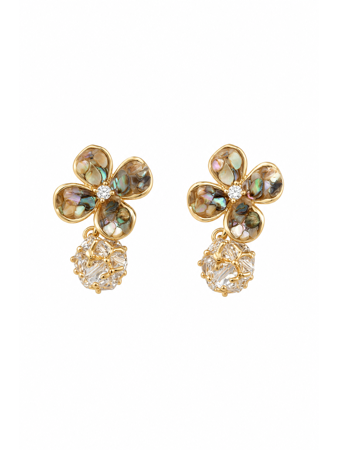 Flower Drop With Iridescent Inlay Gold with Sterling Silver Posts Earring 1