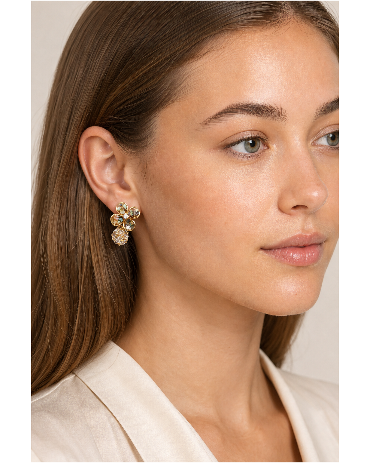 Flower Drop With Iridescent Inlay Gold with Sterling Silver Posts Earring 3