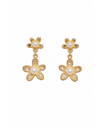 Pearl Flower Drop Gold with Sterling Silver Posts Earring 1