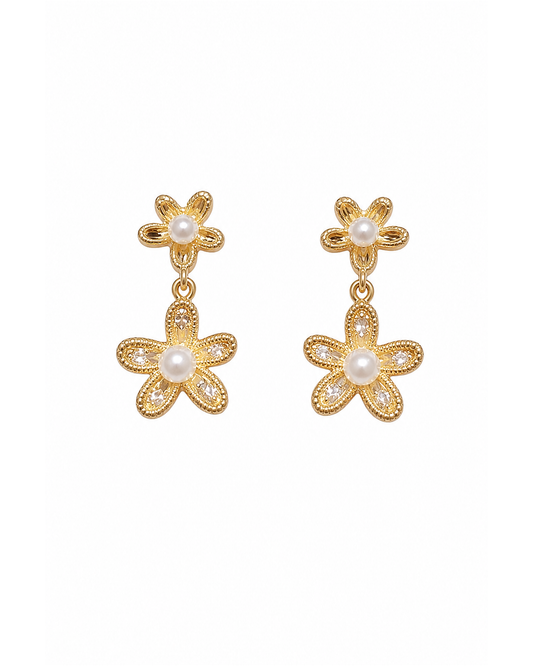 Pearl Flower Drop Gold with Sterling Silver Posts Earring 1