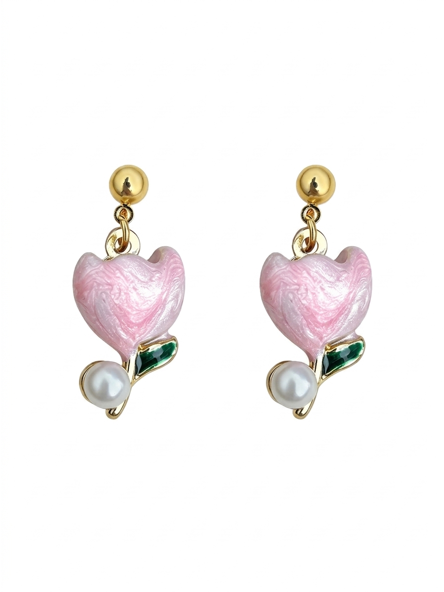 Pink Tulip Drop Gold with Sterling Silver Posts Earring 1
