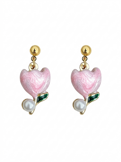Pink Tulip Drop Gold with Sterling Silver Posts Earring 1