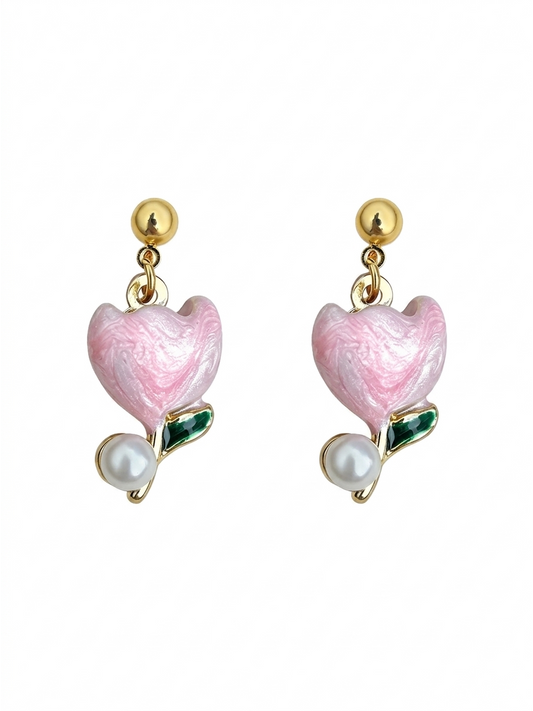 Pink Tulip Drop Gold with Sterling Silver Posts Earring 1