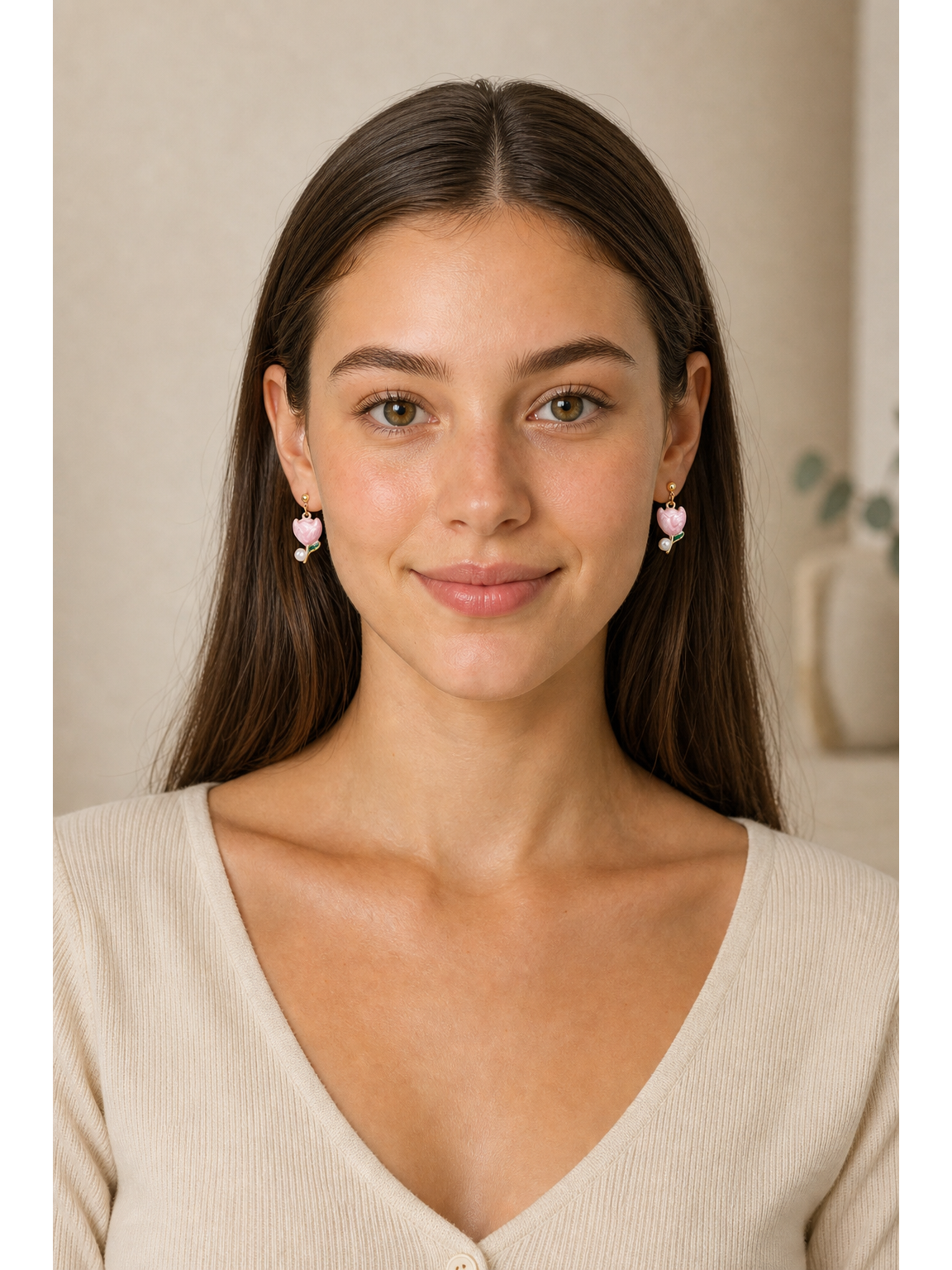 Pink Tulip Drop Gold with Sterling Silver Posts Earring 2