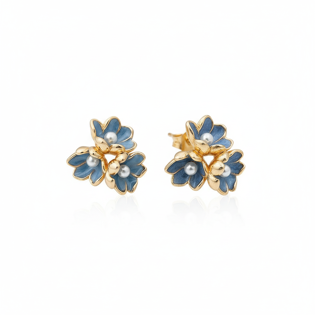 Blue Flower Cluster With Faux Pearls - Gold Plated with Sterling Silver Posts Earring 1