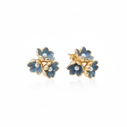 Blue Flower Cluster With Faux Pearls - Gold Plated with Sterling Silver Posts Earring 1