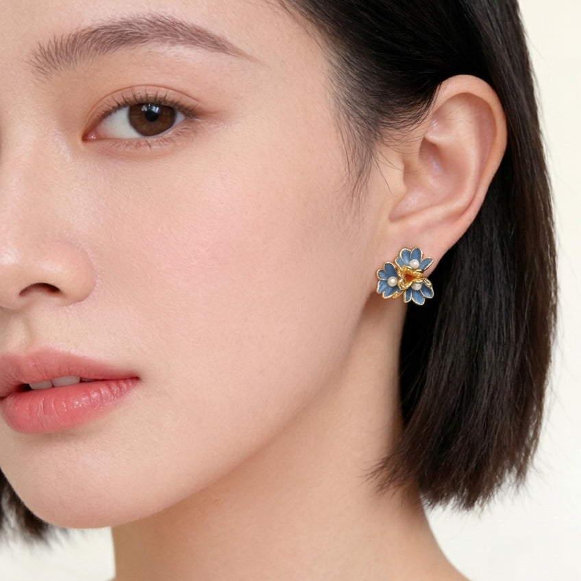 Blue Flower Cluster With Faux Pearls - Gold Plated with Sterling Silver Posts Earring 3