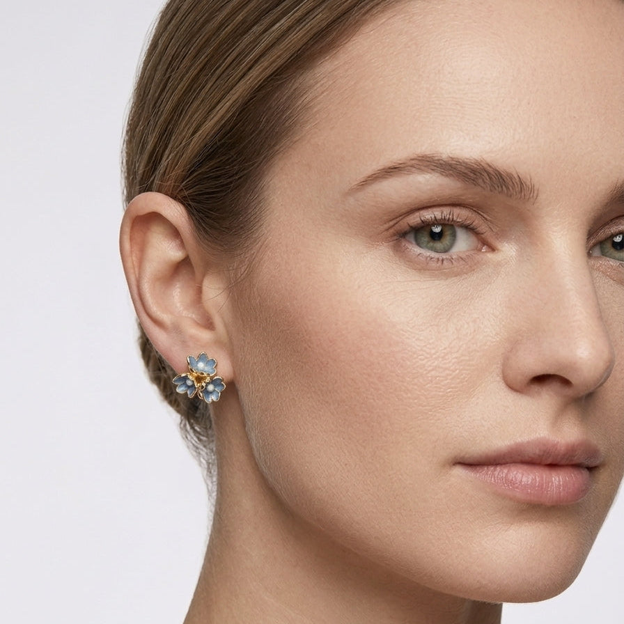 Blue Flower Cluster With Faux Pearls - Gold Plated with Sterling Silver Posts Earring 5