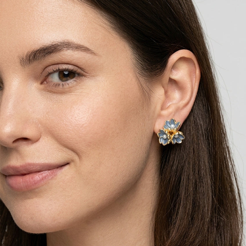 Blue Flower Cluster With Faux Pearls - Gold Plated with Sterling Silver Posts Earring 6