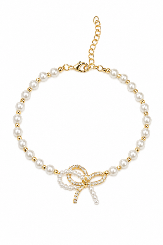 Gold Plated Bow Pearl Bracelet with Cubic Zirconia 1