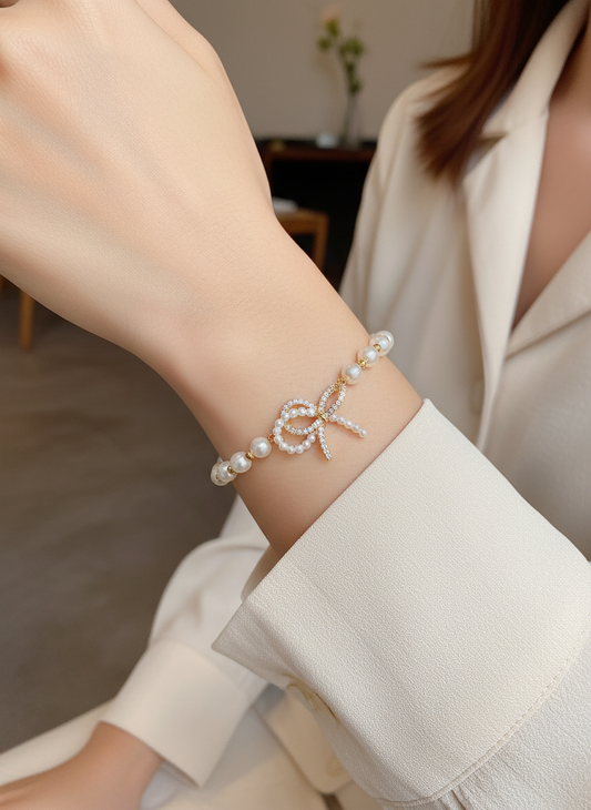 Gold Plated Bow Pearl Bracelet with Cubic Zirconia 2