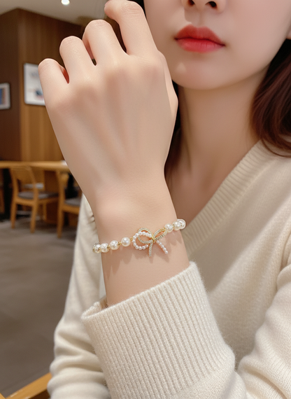 Gold Plated Bow Pearl Bracelet with Cubic Zirconia 3