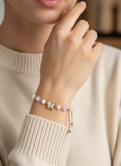 Gold Plated Butterfly Cat's Eye Bead Adjustable Bracelet 3