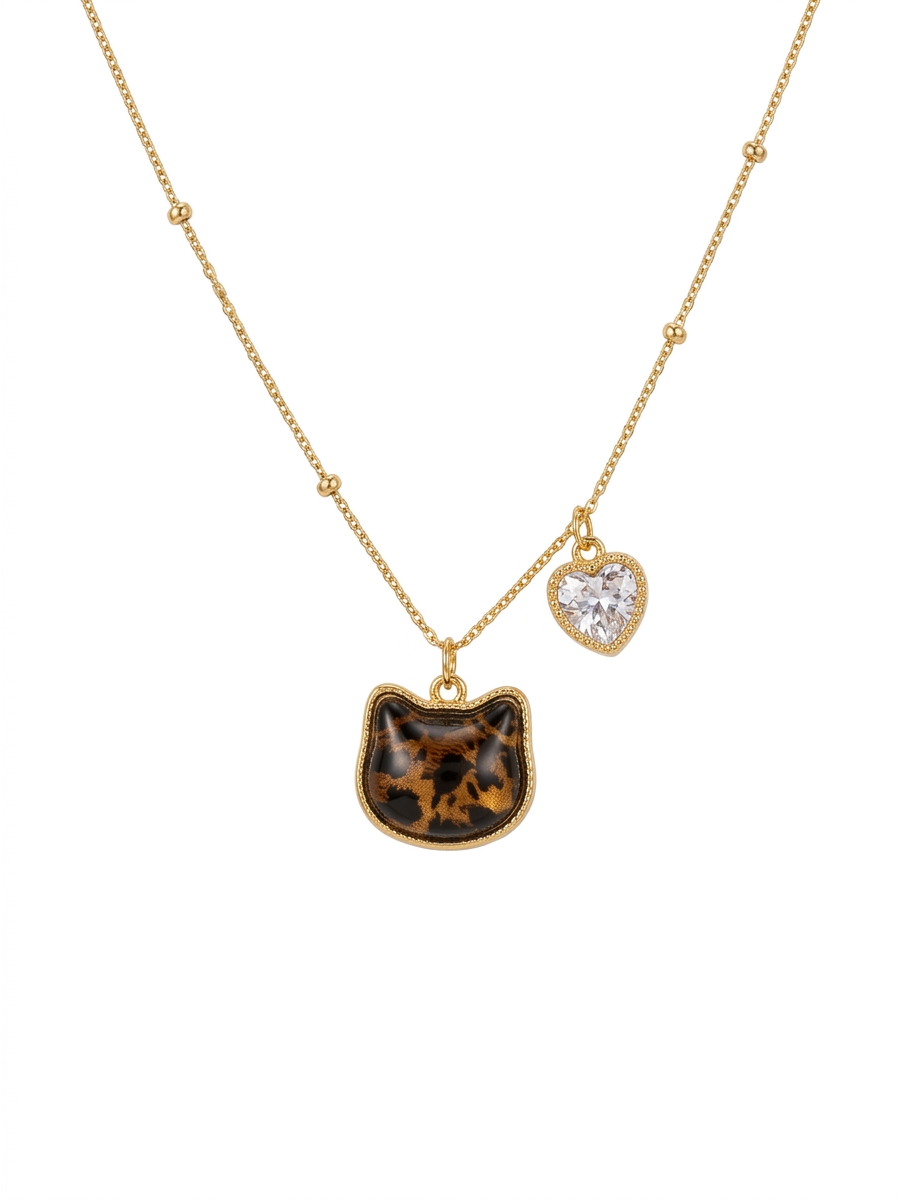 Gold Plated Cat Pendant Necklace with Heart Zircon Charm 1