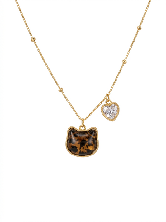 Gold Plated Cat Pendant Necklace with Heart Zircon Charm 1