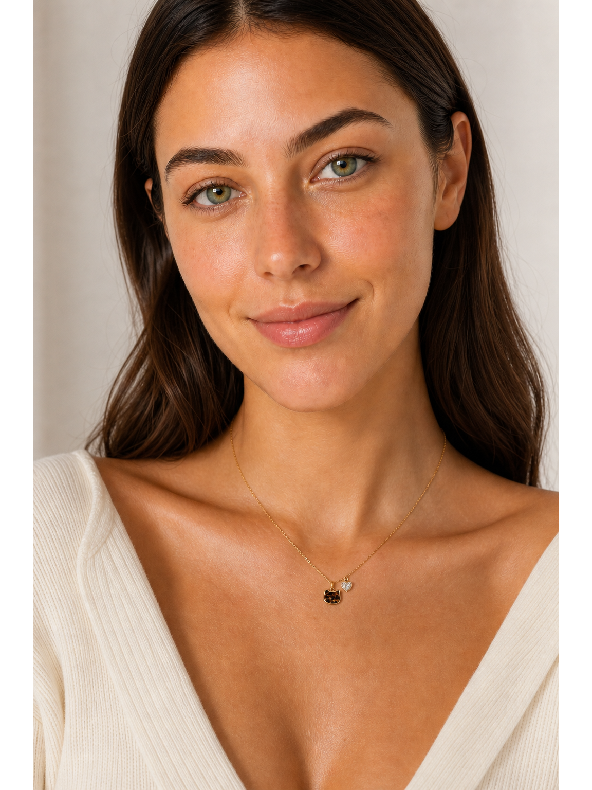 Gold Plated Cat Pendant Necklace with Heart Zircon Charm 2