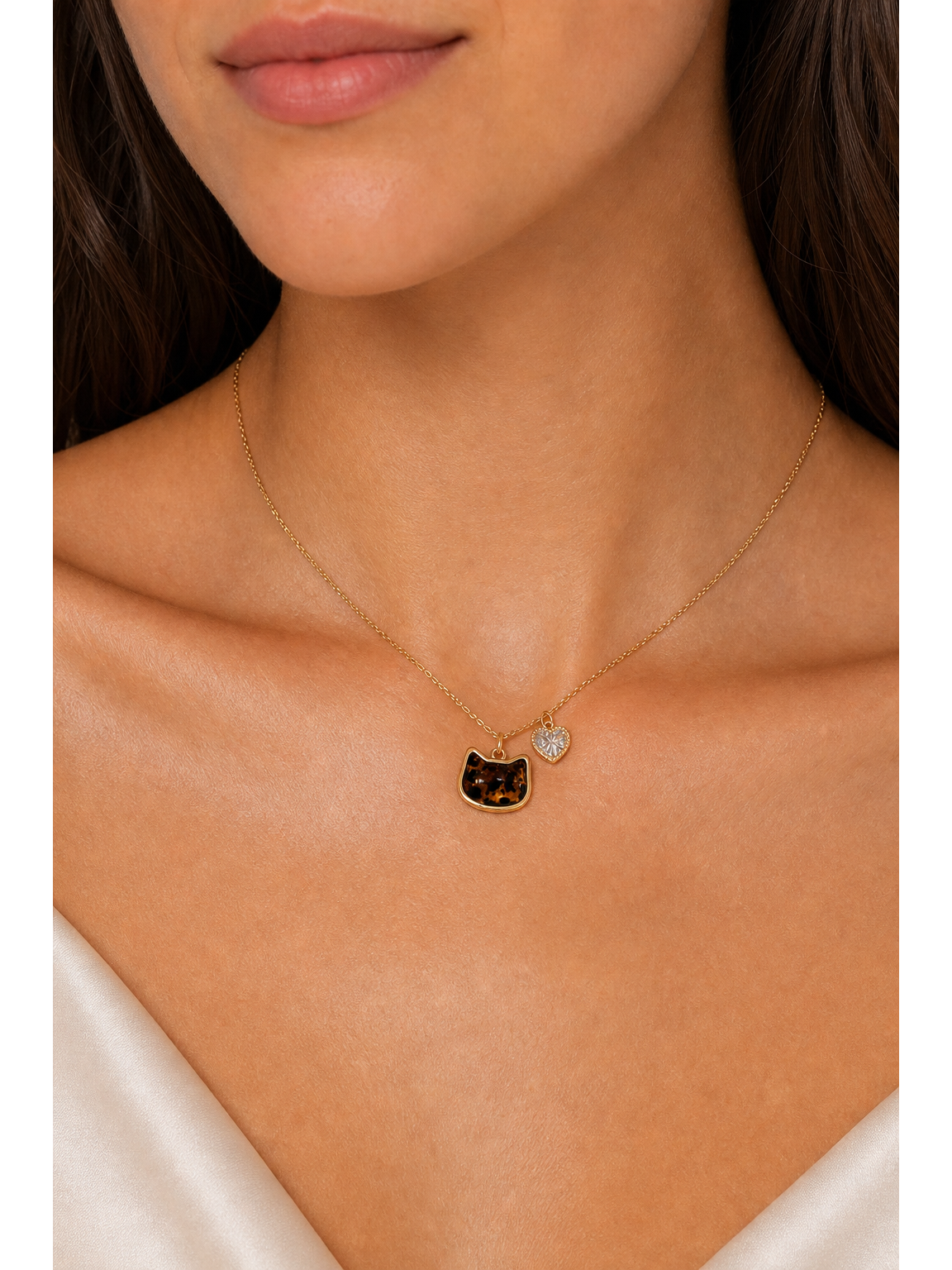 Gold Plated Cat Pendant Necklace with Heart Zircon Charm 3