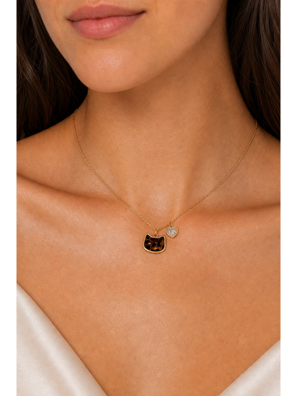Gold Plated Cat Pendant Necklace with Heart Zircon Charm 3