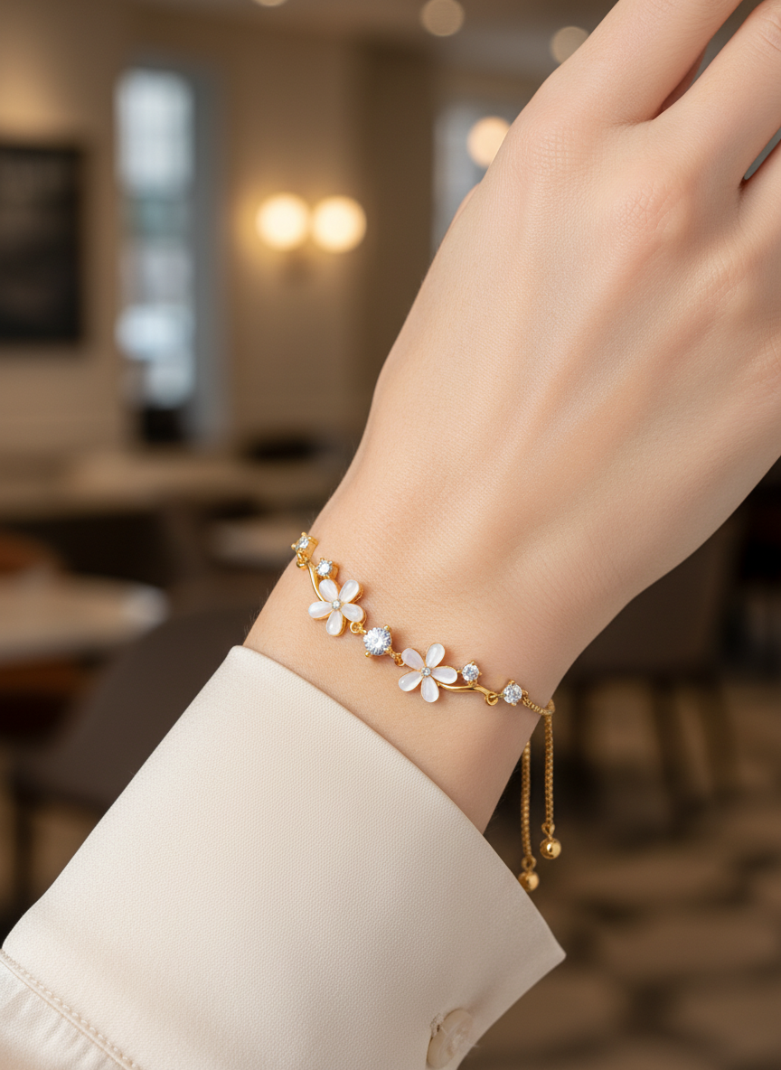 Gold Plated Cat's Eye Stone Flower Sliding Bracelet 3