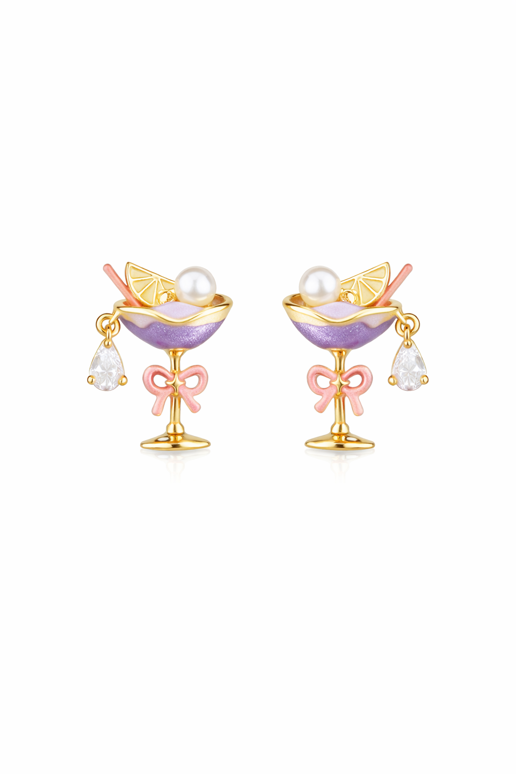 Plated Cocktail Glass With Pearl & Zircon Gold with Sterling Silver Posts Earring 1