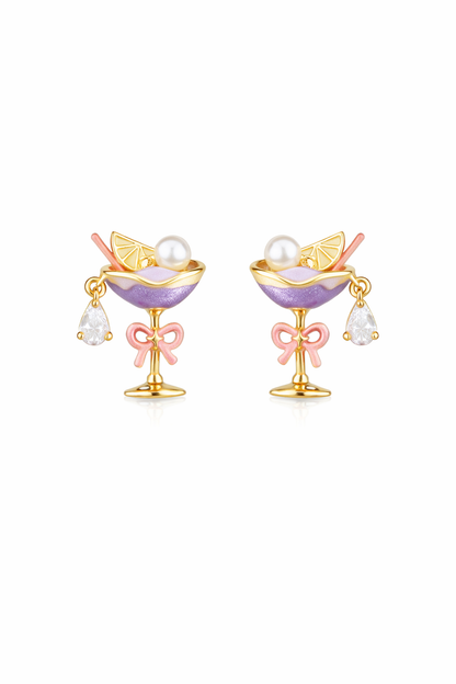 Plated Cocktail Glass With Pearl & Zircon Gold with Sterling Silver Posts Earring 1