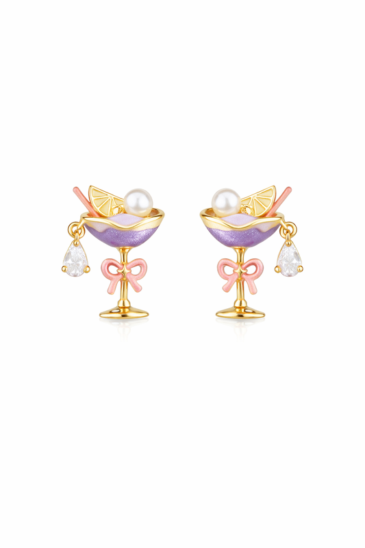 Plated Cocktail Glass With Pearl & Zircon Gold with Sterling Silver Posts Earring 1
