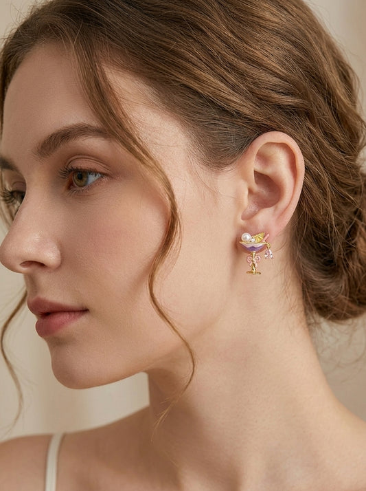 Plated Cocktail Glass With Pearl & Zircon Gold with Sterling Silver Posts Earring 2