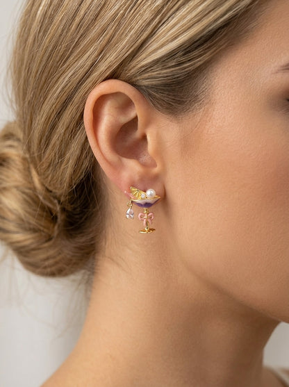 Plated Cocktail Glass With Pearl & Zircon Gold with Sterling Silver Posts Earring 3