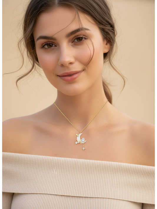 Gold Plated Crescent Moon Necklace with Zircon Accents 2