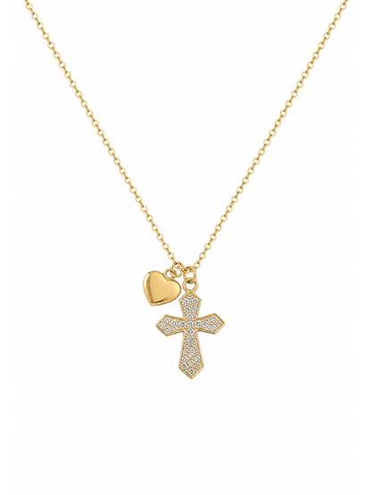 Gold Plated Cross and Heart Charm Necklace 1