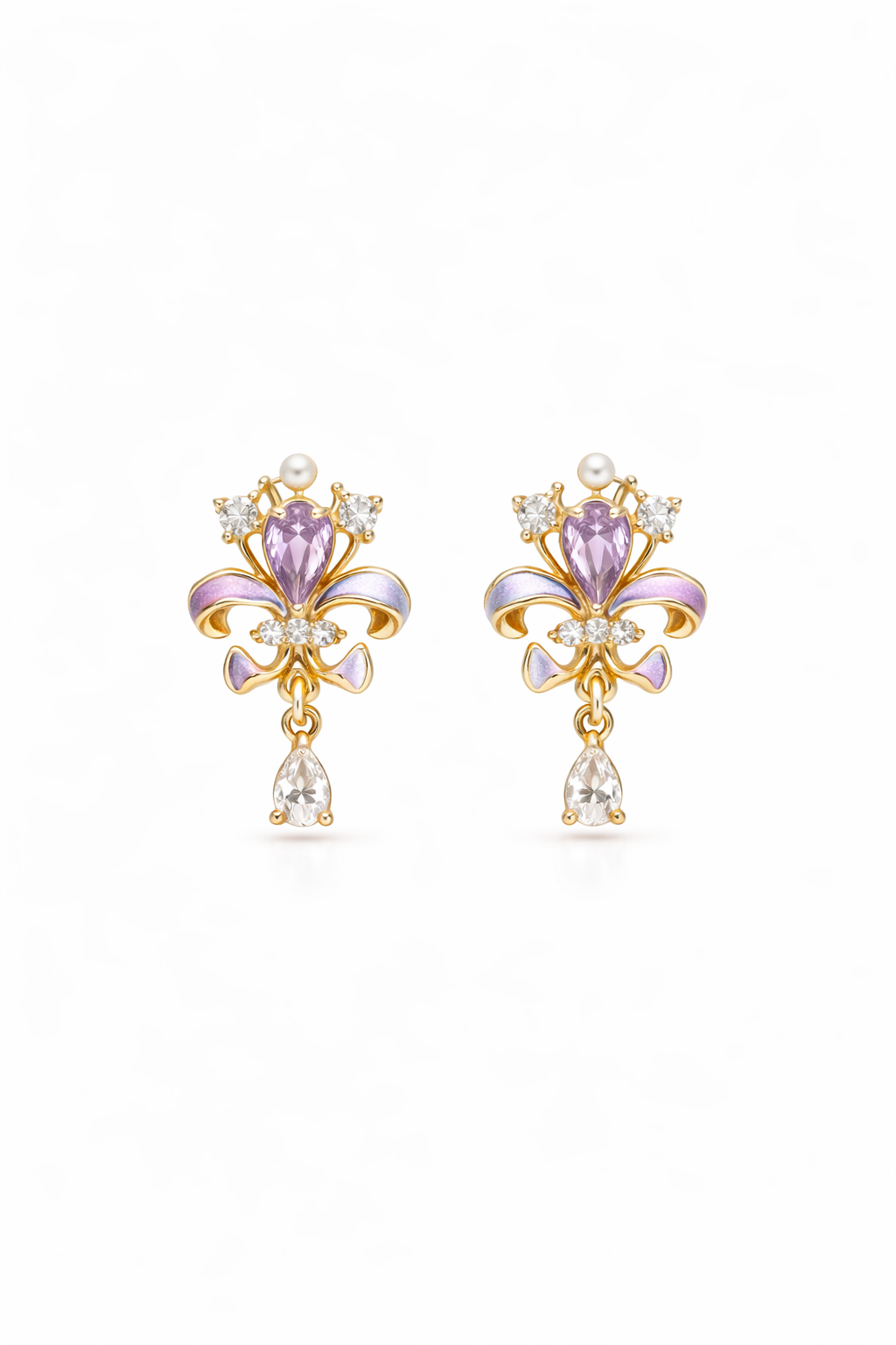 Elegant Plated Fleur-de-lis With Zircon & Pearl Accents Gold with Sterling Silver Posts E… 1