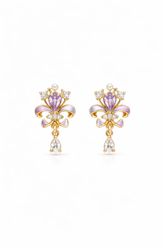 Elegant Plated Fleur-de-lis With Zircon & Pearl Accents Gold with Sterling Silver Posts E… 1