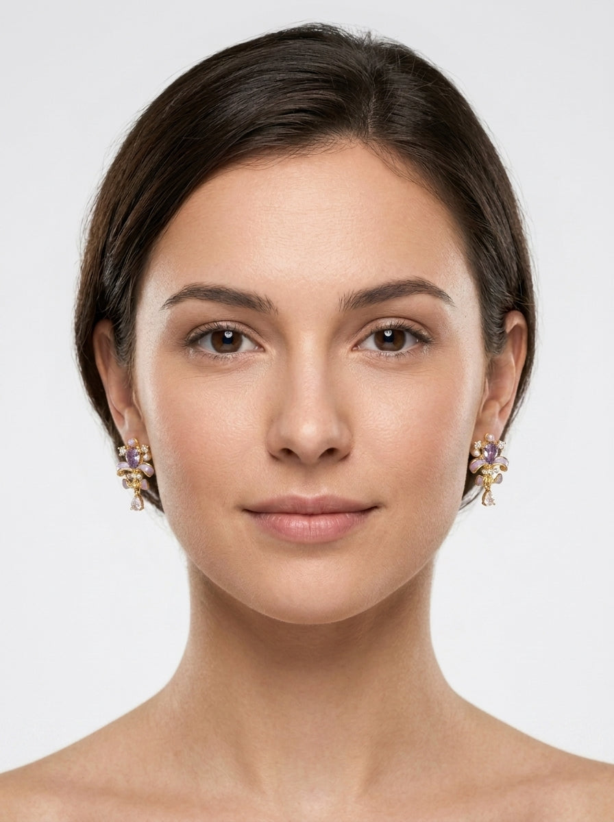 Elegant Plated Fleur-de-lis With Zircon & Pearl Accents Gold with Sterling Silver Posts E… 2