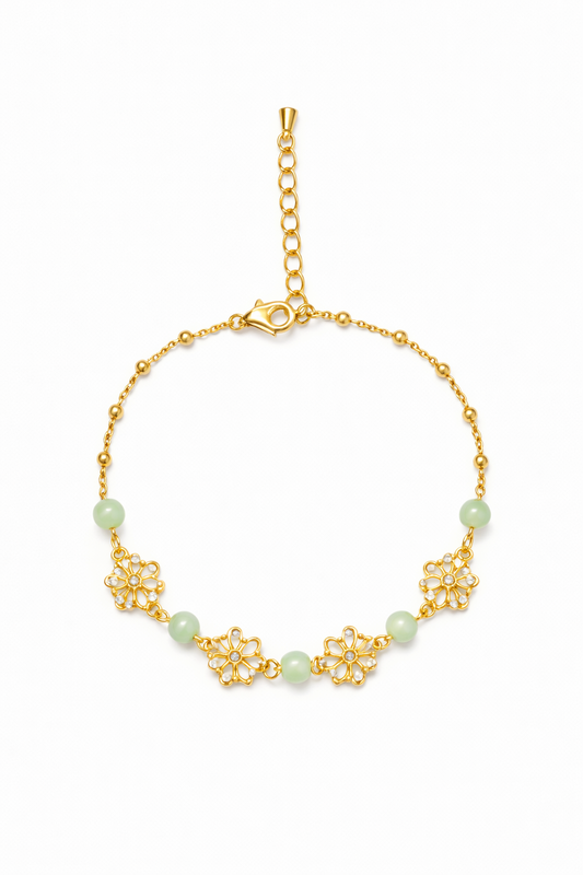 Gold Plated Floral Cubic Zirconia & Green Bead Bracelet 1