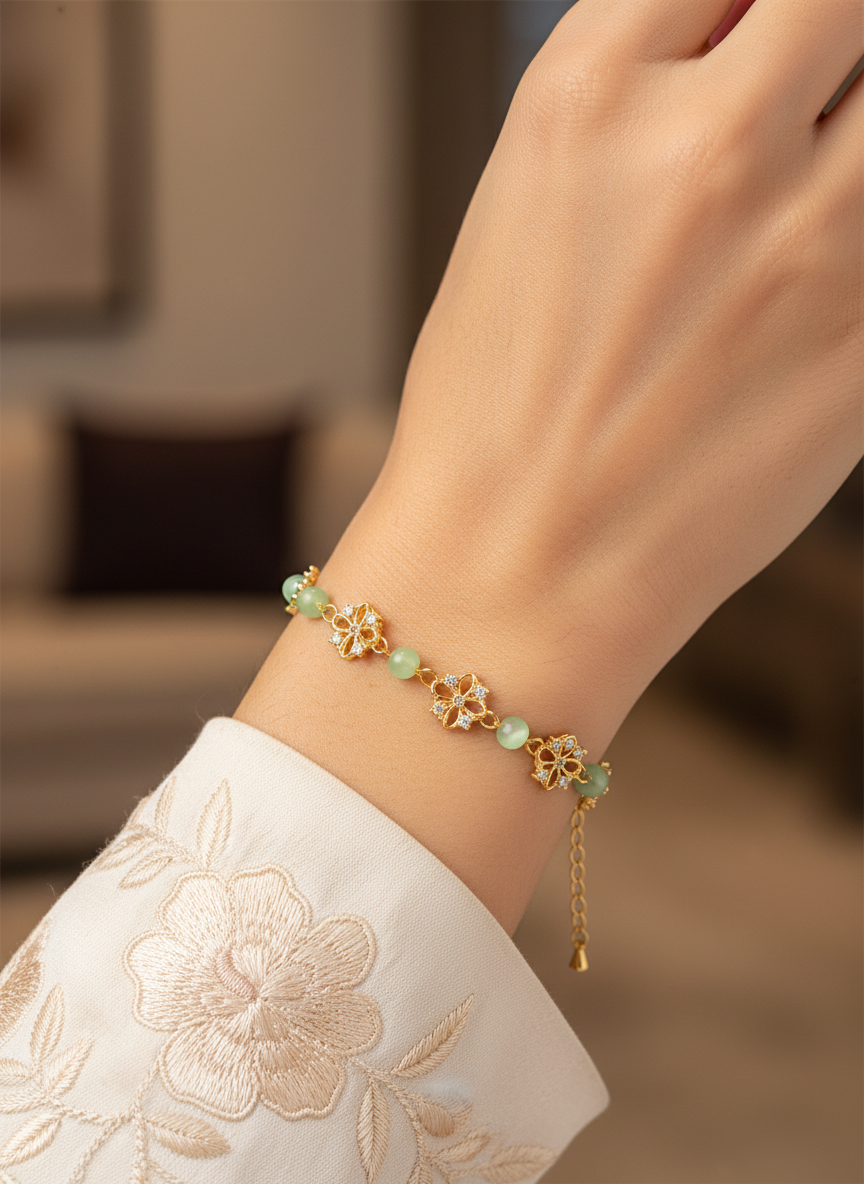 Gold Plated Floral Cubic Zirconia & Green Bead Bracelet 3