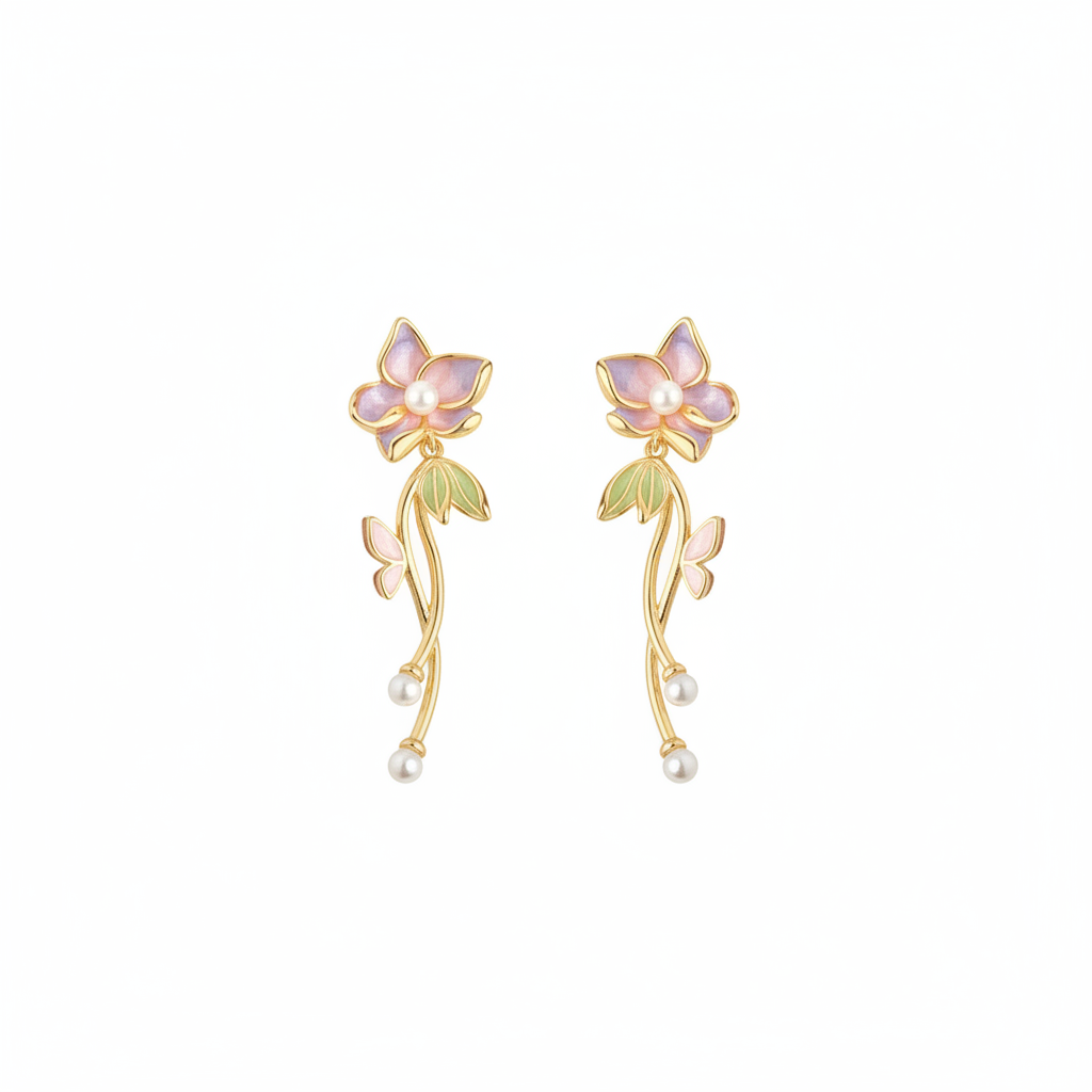 Floral Drop With Pearl Shapes Gold Plated with Sterling Silver Posts Earring 1