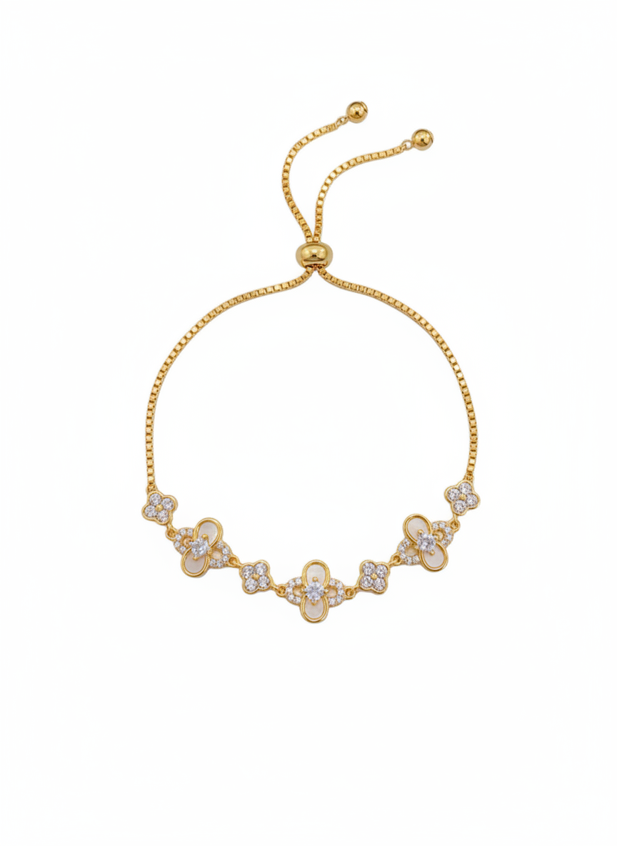 Gold Plated Four-Leaf Clover Cubic Zirconia Sliding Bracelet 1