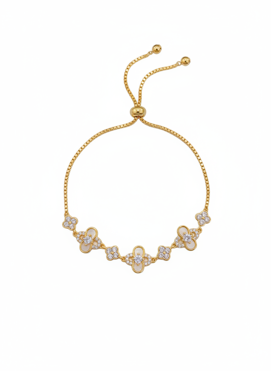 Gold Plated Four-Leaf Clover Cubic Zirconia Sliding Bracelet 1