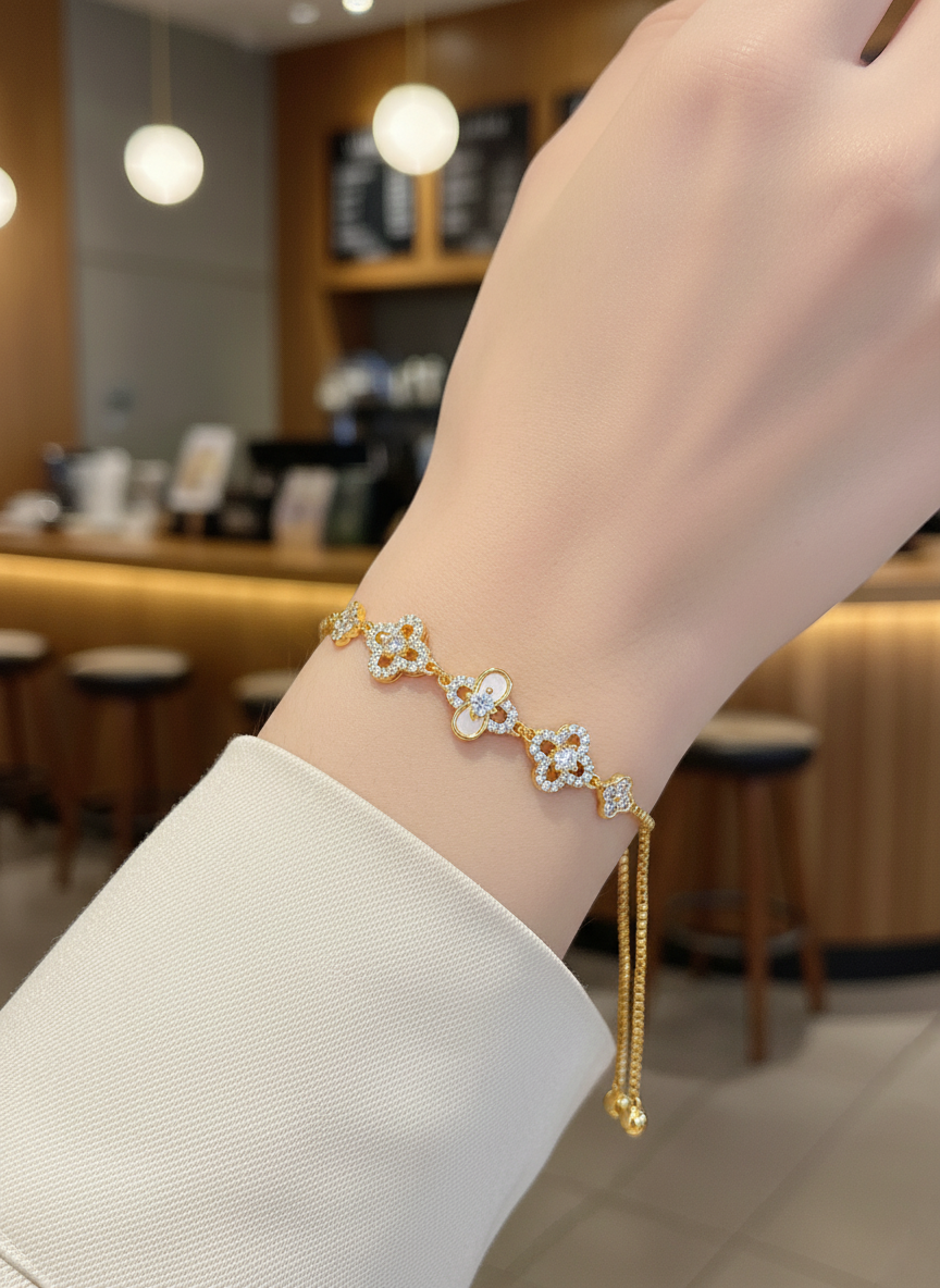 Gold Plated Four-Leaf Clover Cubic Zirconia Sliding Bracelet 3