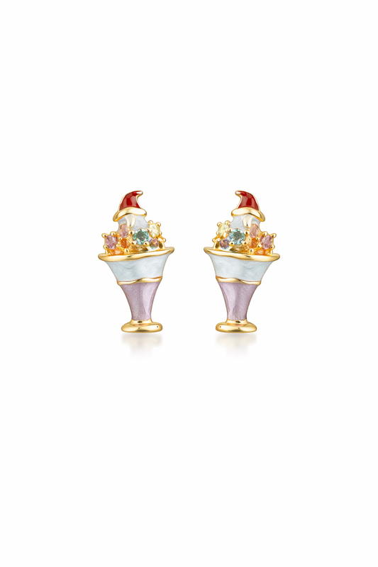 Plated Ice Cream Cone With Zircon Accents Gold with Sterling Silver Posts Earring 1