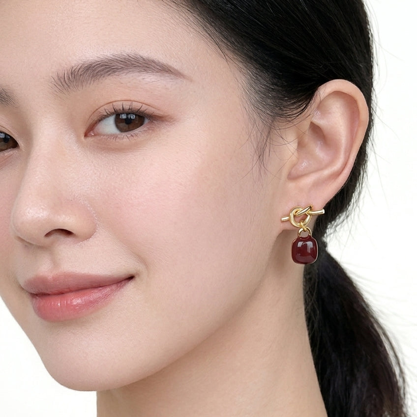 Red Accent Knot Drop Gold Plated with Sterling Silver Posts Earring 2