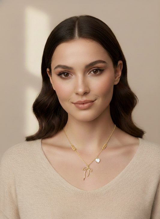 Gold Plated Necklace with Bow and Heart Charm, 45cm 2
