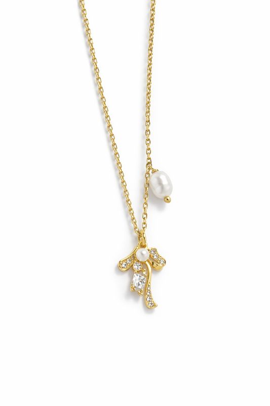 Elegant Gold Plated Necklace with Pearl and Zircon Pendant 1