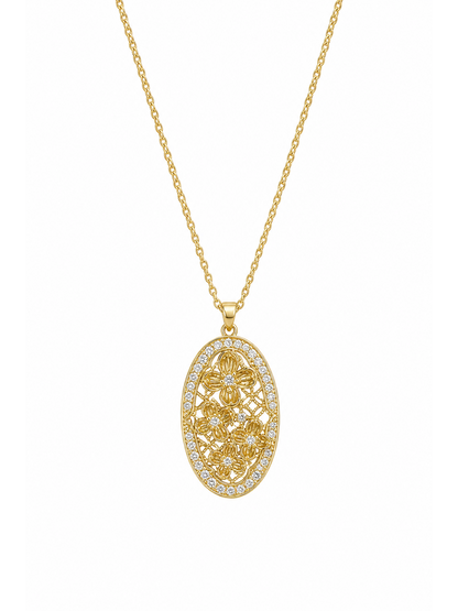 Gold Plated Oval Floral Filigree Pendant Necklace 1